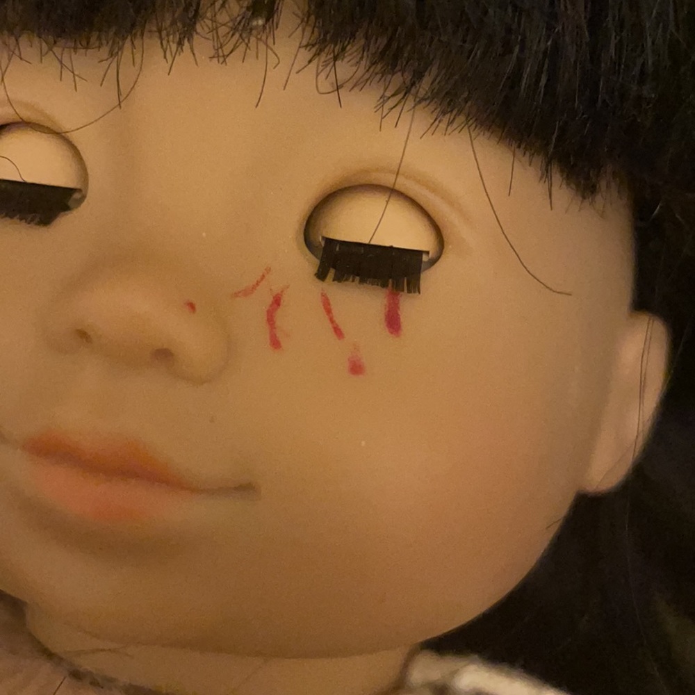 American Girl Bitty Baby doll with black hair, dark brown eyes, marker on face - Picture 6 of 9